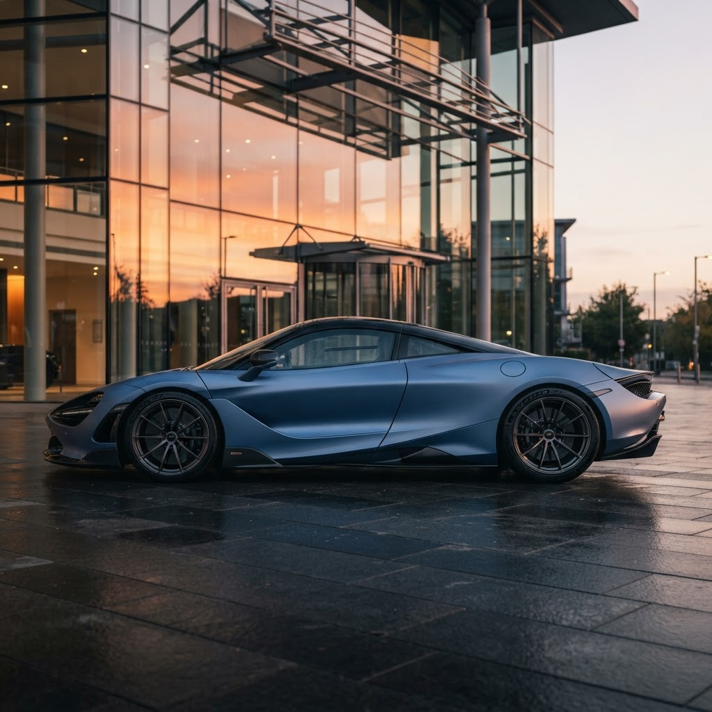 Muted electric blue hypercar parked in front of a modern glass building