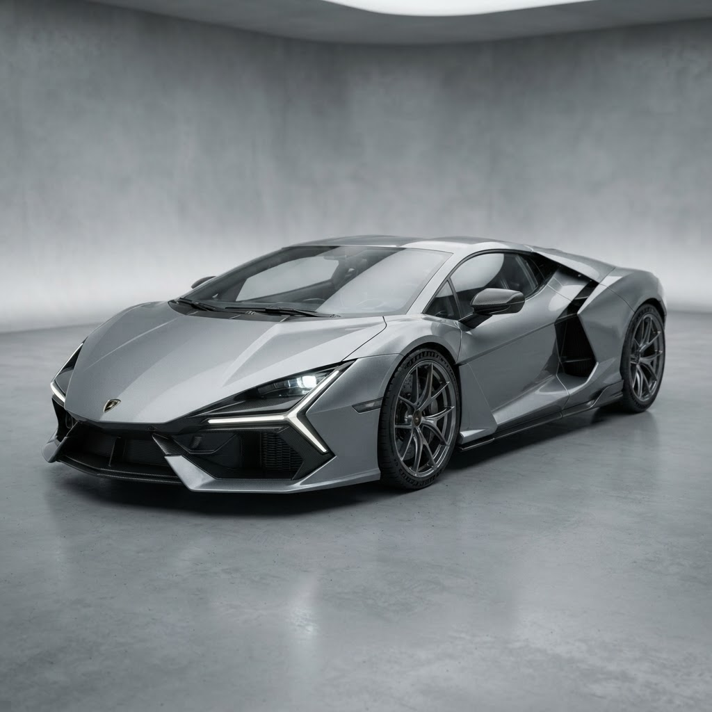 Angular metallic silver-grey German supercar in a minimalist grey studio