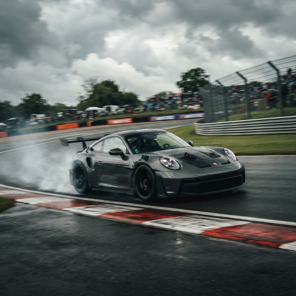A supercar cornering on a race circuit with tyre smoke and motion blur